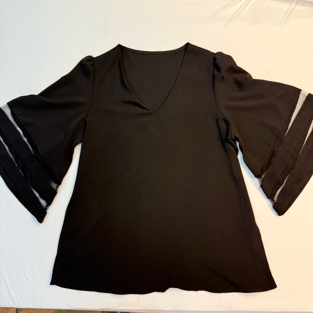 Black V-Neck Bell Sleeve Blouse with Sheer Mesh Panels Relaxed Fit Top